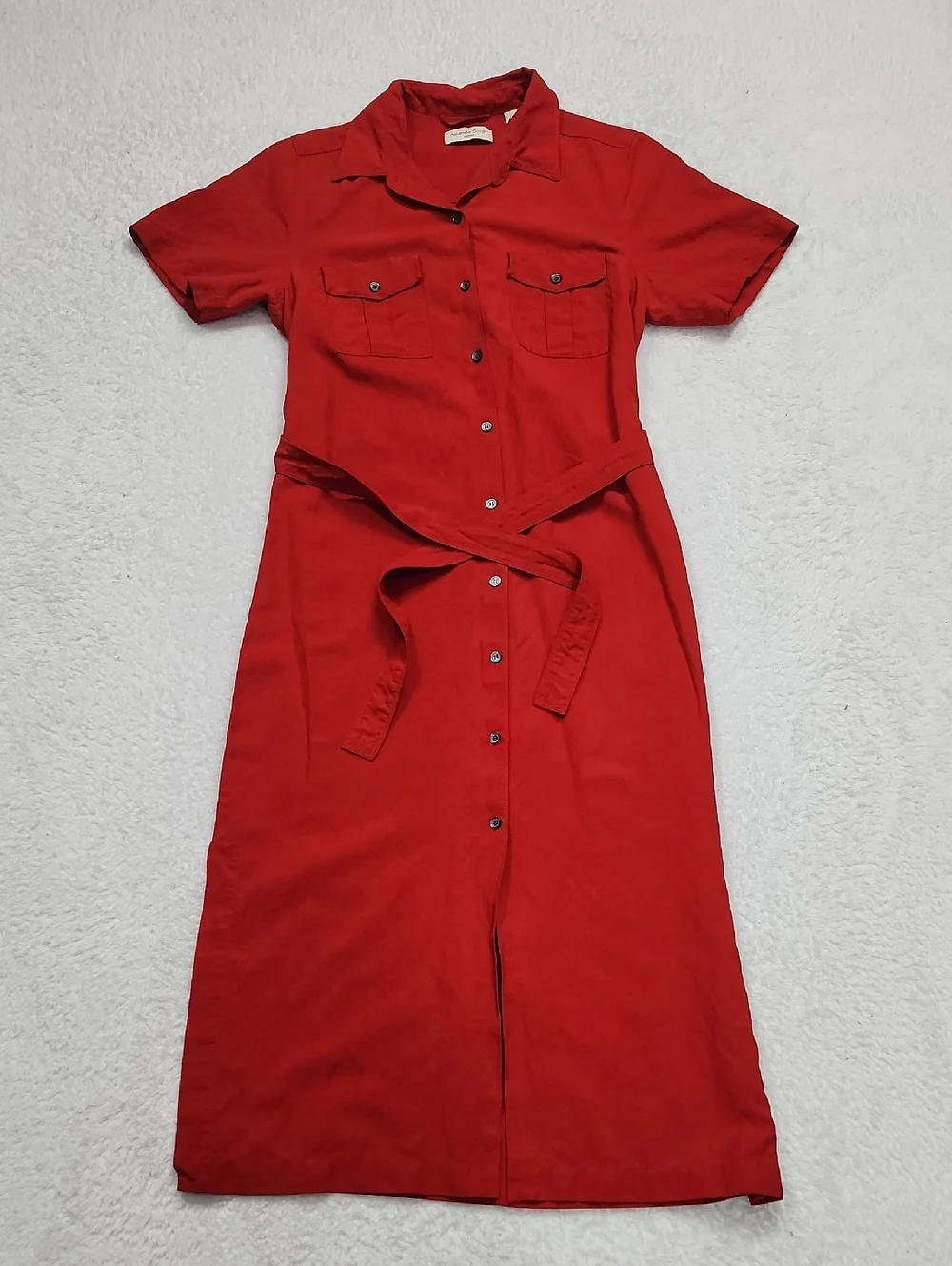 Vintage Amanda Smith Red Midi Button Front Dress Linen & Silk Tie Waist - Picture 8 of 8